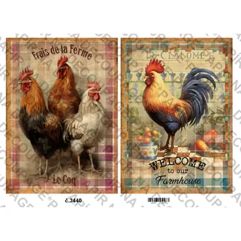 Umělecký papír Rýžový a soft papír na decoupage - Kohouti, slepice vintage - KB3440 Materiál: Soft, Rozměr: A4