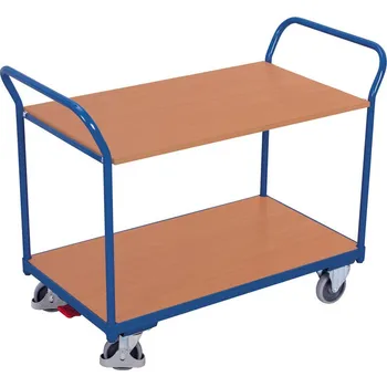 Přepravní vozík z oceli, 2 police, práškově lakovaný, TPE kolečka, EasySTOP, 850 x 500 mm