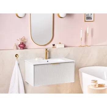 Koupelnový nábytek Koupelnová závěsná skříňka bílá dřevotříska keramické umyvadlo 80 cm zlatá úchytka moderní design Beliani