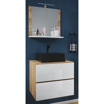 Koupelnový nábytek VCM 3dílná umyvadlová skříňka Lendas BL M 60 cm se zrcadlem, dub medový 486601