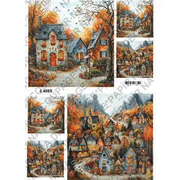 Umělecký papír Rýžový a soft papír na decoupage - Podzimní domečky - KB04085 Materiál: Soft, Rozměr: A4