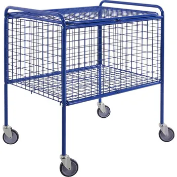 Mřížový vozík typ KM s víkem, práškově lakovaný modrý, D x Š 800 x 600 mm, 100 kg, 4 PU kolečka