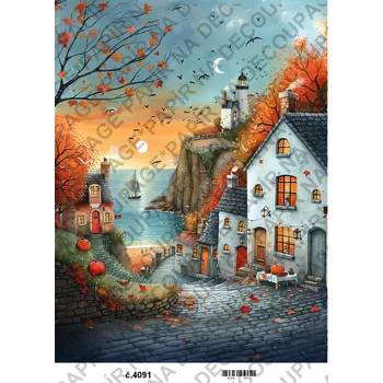 Umělecký papír Rýžový a soft papír na decoupage - Podzimní domečky - KB04091 Materiál: Soft, Rozměr: A4