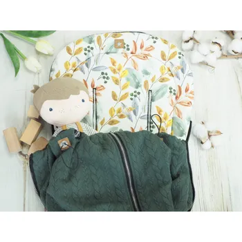 SET Podložka prodloužená (Leaves, černý fleece) + copánková deka (army green, černý fleece)