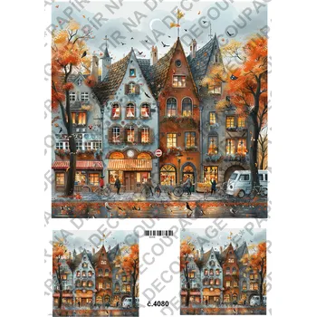 Umělecký papír Rýžový a soft papír na decoupage - Podzimní domečky - KB04080 Materiál: Rýžový papír, Rozměr: A4