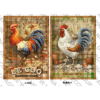 Umělecký papír Rýžový a soft papír na decoupage - Kohouti, slepice vintage - KB3443 Materiál: Soft, Rozměr: A4
