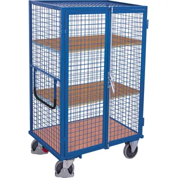 Vozík s drátěnými stěnami a 2křídlými dveřmi, uzamykatelný, 3 police, EasySTOP, 1045 x 685 mm