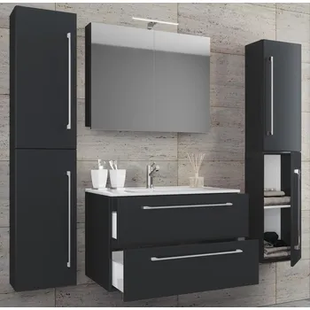 Koupelnový nábytek VCM 5dílná umyvadlová skříňka Badinos 2 zásuvky 60 cm se zrcadlem a 2 vysokými skříňkami, černá 488014