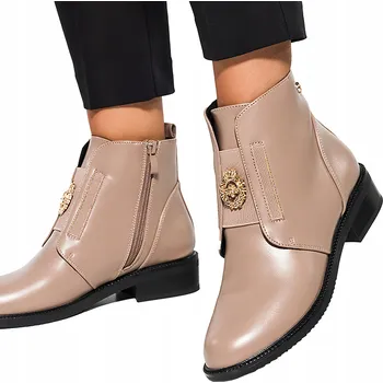 Dámská zimní obuv BÉŽOVÉ DÁMSKÉ KOTNÍKOVÉ BOTY NA NÍZKÉM PODPATKU OZDOBNÝ HMYZ S GUMOU NA SVRŠKU, velikost 39