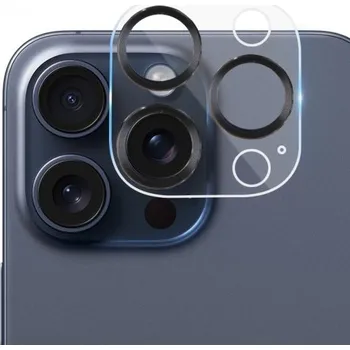 Tvrzené sklo s kovovými rámečky k ochraně čoček fotoaparátu pro iPhone 15 Pro / 15 Pro Max - černé
