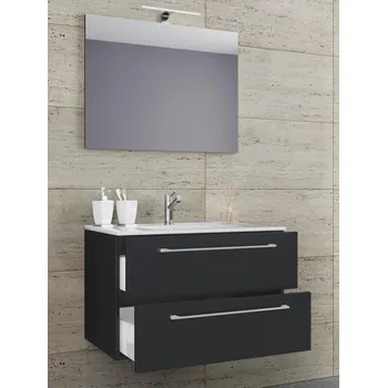 Koupelnový nábytek VCM 3dílná umyvadlová skříňka Badinos 2 zásuvky 80 cm se zrcadlem, černá 488388