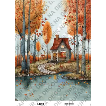 Umělecký papír Rýžový a soft papír na decoupage - Podzimní domečky - KB04093 Materiál: Soft, Rozměr: A4
