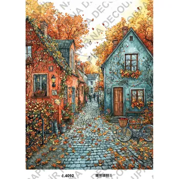 Výtvarný papír Rýžový a soft papír na decoupage - Podzimní domečky - KB04092 Materiál: Rýžový papír, Rozměr: A4