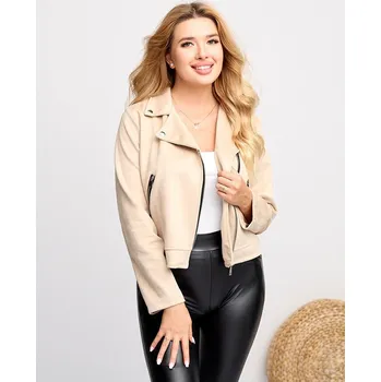 Dámská casual bunda Resti Women's beige eco-suede biker jacket with pockets - Clothing Resti černá | krémová 3401698