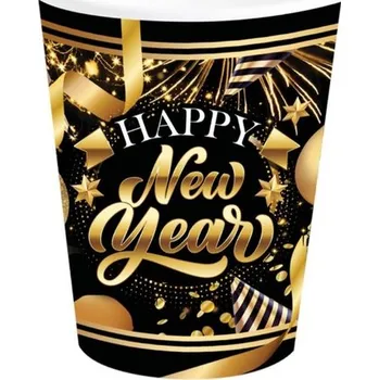 Party nádobí Papírové Kelímky ŠŤASTNÝ NOVÝ ROK Silvestrovské zlaté 240ml 6 Ks .