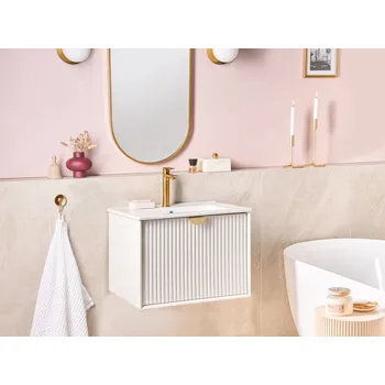 Koupelnový nábytek Koupelnová závěsná skříňka s umyvadlem bílá dřevotříska úložný prostor 60 x 43 cm moderní design Beliani