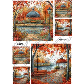 Umělecký papír Rýžový a soft papír na decoupage - Podzimní domečky - KB04078 Materiál: Soft, Rozměr: A4