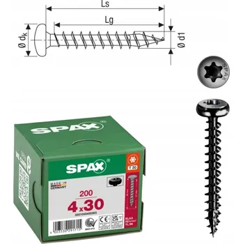Vrut Vruty do dřeva SPAX 4x30 mm, plný závit, talířová hlava, černé, 200 ks