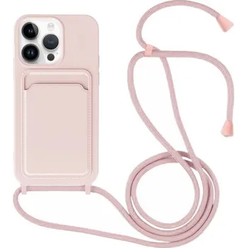 Pouzdro na mobilní telefon Silikonový kryt se šňůrkou a kapsou na karty pro iPhone 13 Pro - růžový