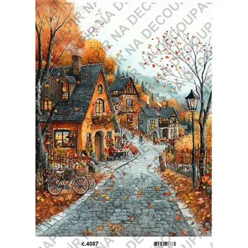 Umělecký papír Rýžový a soft papír na decoupage - Podzimní domečky - KB04087 Materiál: Soft, Rozměr: A4
