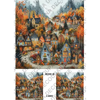 Umělecký papír Rýžový a soft papír na decoupage - Podzimní domečky - KB04083 Materiál: Soft, Rozměr: A4