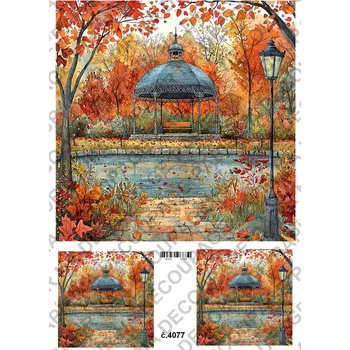 Umělecký papír Rýžový a soft papír na decoupage - Podzimní domečky - KB04077 Materiál: Soft, Rozměr: A4