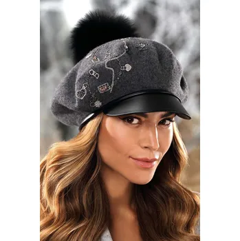 Čepice KRUMLOVANKA Dámská vlněná čepice s bambulí a kšiltem W-0580/844 tmavě šedý melange