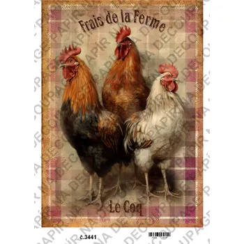 Umělecký papír Rýžový a soft papír na decoupage - Kohouti, slepice vintage - KB3441 Materiál: Rýžový papír, Rozměr: A4