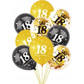 Balónek Balónky k 18. NAROZENINÁM s konfetami ZLATÉ ČERNÉ HAPPY BIRTHDAY 9ks