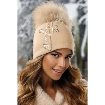 Čepice KRUMLOVANKA Dámská vlněná čepice s bambulí a výšivkou bižuterie W-0614/284 béžová
