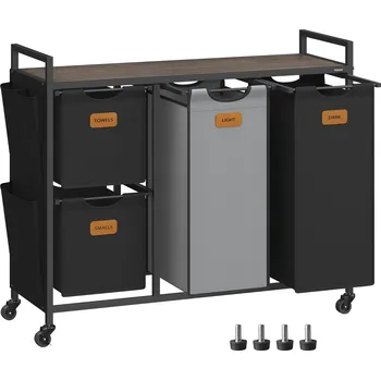 Koš na prádlo VASAGLE Pojízdný koš na prádlo s policí 2+2 koše 150 l