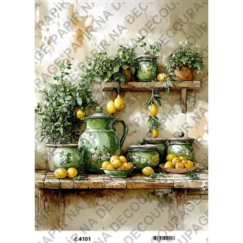 Umělecký papír Rýžový a soft papír na decoupage - Kuchyně zelená citrusy - KB04101 Materiál: Soft, Rozměr: A4