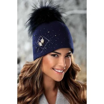 Čepice KRUMLOVANKA Modrá vlněná čepice s bambulí zdobená bižuterií W-0595/161