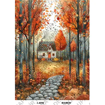 Umělecký papír Rýžový a soft papír na decoupage - Podzimní domečky - KB04098 Materiál: Soft, Rozměr: A4