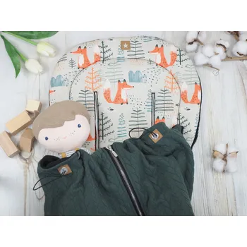 SET Podložka prodloužená (Foxes, sea green fleece) + copánková deka (army green, černý fleece)