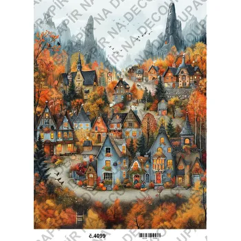 Umělecký papír Rýžový a soft papír na decoupage - Podzimní domečky - KB04099 Materiál: Soft, Rozměr: A4