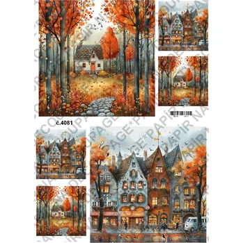 Umělecký papír Rýžový a soft papír na decoupage - Podzimní domečky - KB04081 Materiál: Soft, Rozměr: A4
