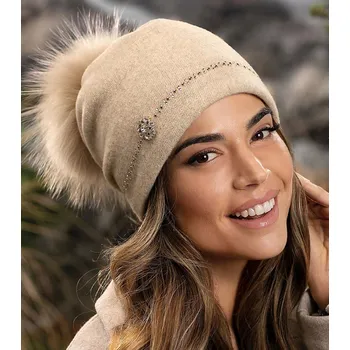 Čepice KRUMLOVANKA Dámská zimní čepice s bambulí 100% Woolmark W-832/960 béžový melange