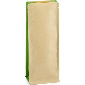 Sáček na potraviny Sáček s plochým dnem | kraft papír bez AL vrstvy | zelený bok obsah 300ml (80 x 210 + 50 mm)