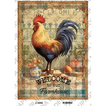 Umělecký papír Rýžový a soft papír na decoupage - Kohouti, slepice vintage - KB3442 Materiál: Soft, Rozměr: A4