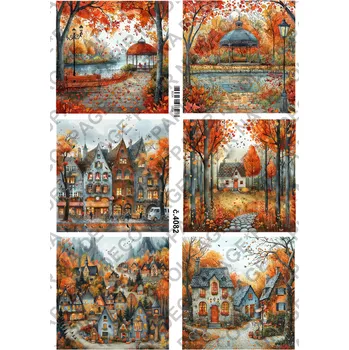 Umělecký papír Rýžový a soft papír na decoupage - Podzimní domečky - KB04082 Materiál: Soft, Rozměr: A4