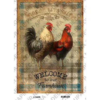 Umělecký papír Rýžový a soft papír na decoupage - Kohouti, slepice vintage - KB3439 Materiál: Soft, Rozměr: A4