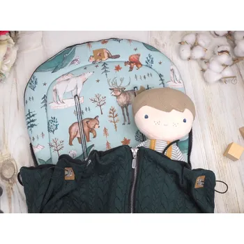 SET Podložka prodloužená (Wild Animals, černý fleece) + copánková deka (smaragd, černý fleece)