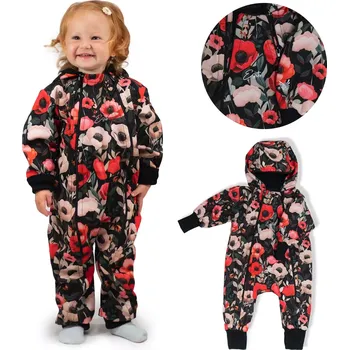 Kojenecká kombinéza ESITO | Rostoucí softshellová kombinéza s fleecem Vlčí máky - černá / 74 - 80