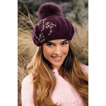 Čepice Dámský baret s bambulí a výšivkou W-0830/2040 tmavě fialový