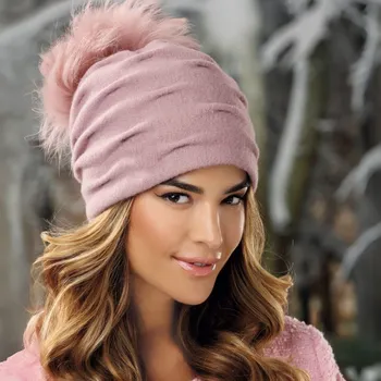 Čepice KRUMLOVANKA Zimní čepice s bambulí a podšívkou W-0597/540BB světle starorůžová