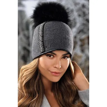 Čepice KRUMLOVANKA Luxusní dámská zimní čepice s bambulí W-0674/ 844 šedý melange