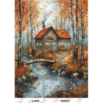 Umělecký papír Rýžový a soft papír na decoupage - Podzimní domečky - KB04089 Materiál: Soft, Rozměr: A4