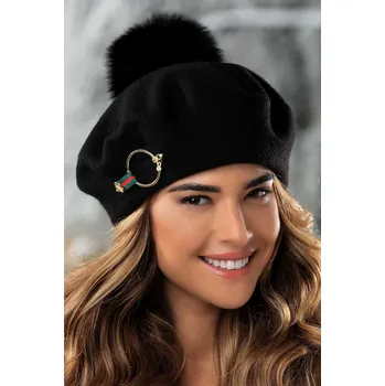 Čepice KRUMLOVANKA Zimní dámský baret s bambulí W-0641/018 černý