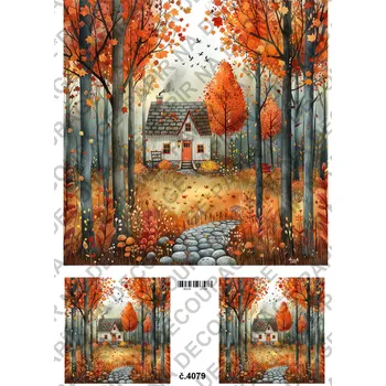 Umělecký papír Rýžový a soft papír na decoupage - Podzimní domečky - KB04079 Materiál: Soft, Rozměr: A4